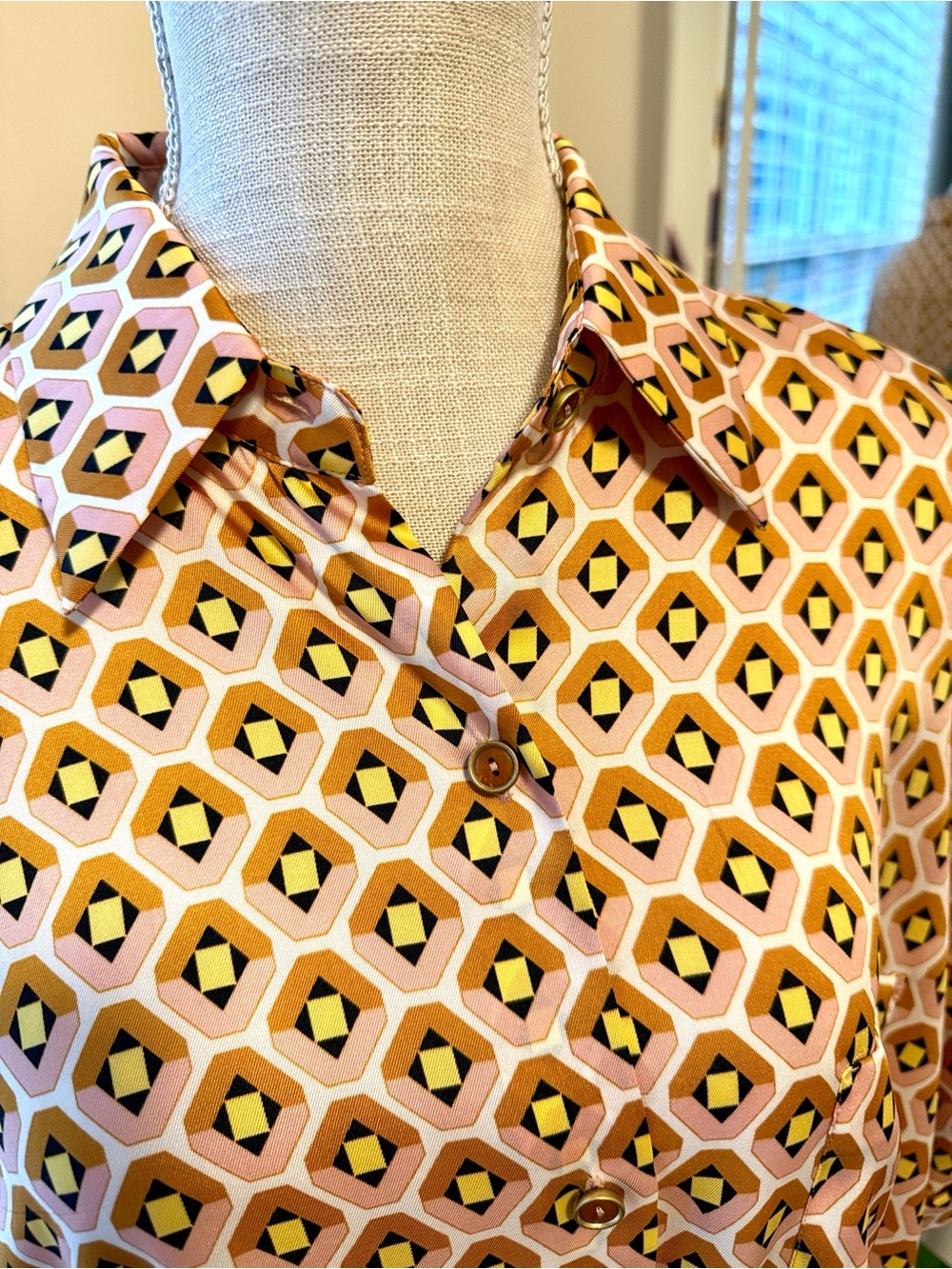 Zara Pink and Yellow Geometric Short-Sleeve Button-Down Shirt